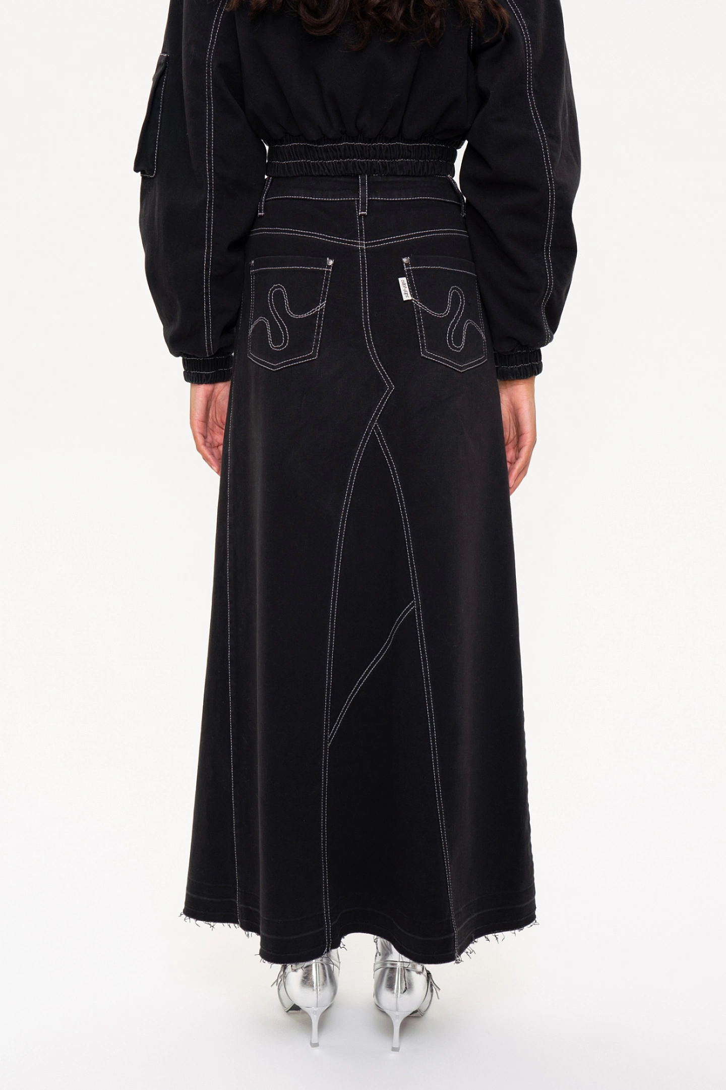 Бомбер короткий с широким рукавом и юбка макси джинсовая